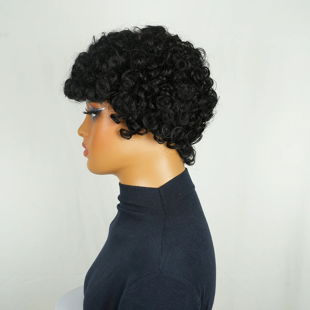 باروكة من شعر طبيعي برازيلي قصير مجعد قصير مع غرة منتفخة مسبقًا للنساء مصنوعة آليًا شعر بشري مجعد بوب #4