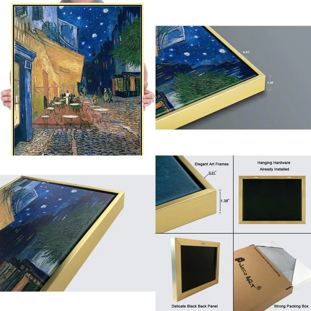 

Vincent van Gogh's 'Cafe Terrace at Night' Art Reproduction, Golden Framed Canvas Print for Wall Decor