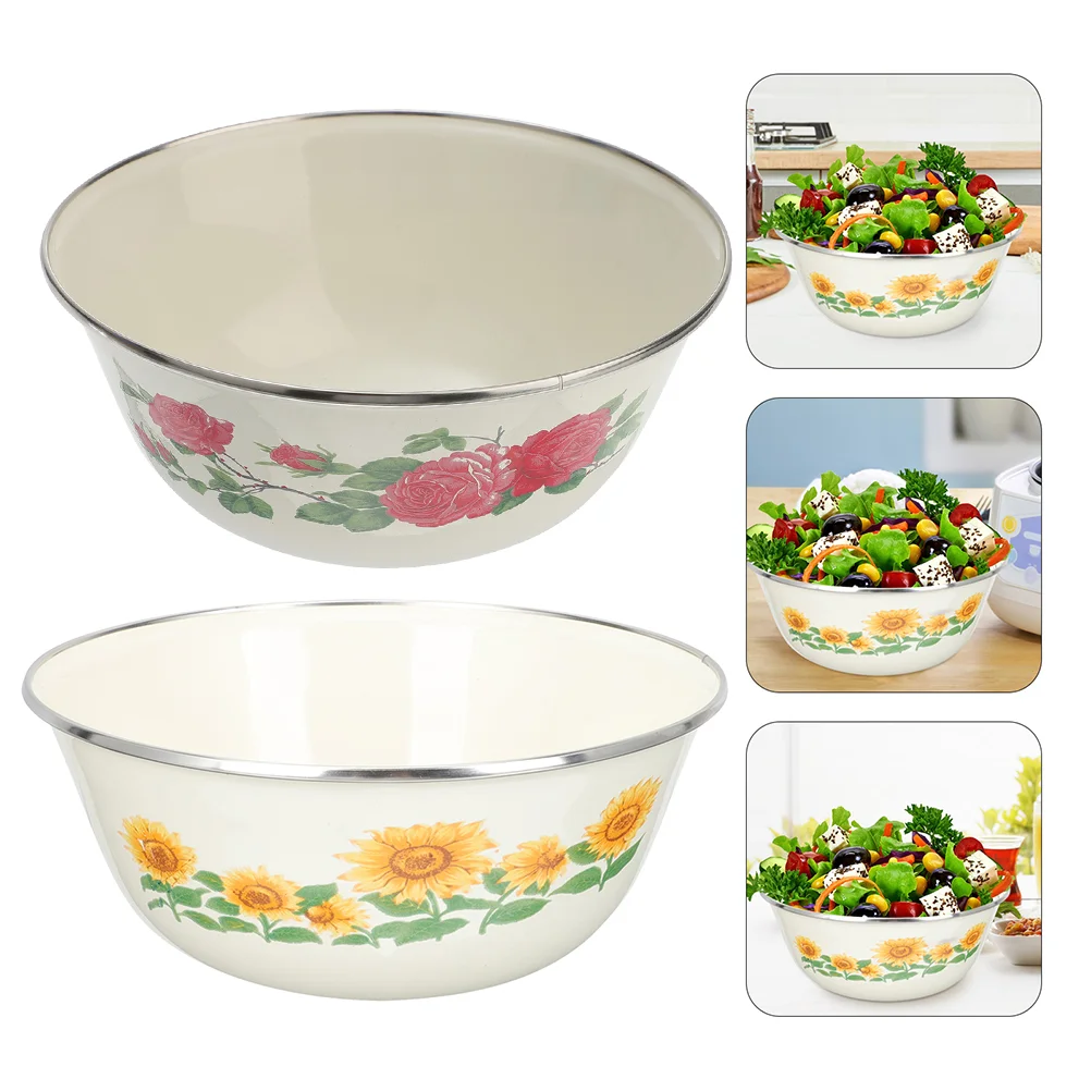 

2 Pcs with Cover Vegetable Chinese Style Enamel Bowl Ramen Bowls Soup Serving Food Containers Lids Kitchen Tableware Vintage