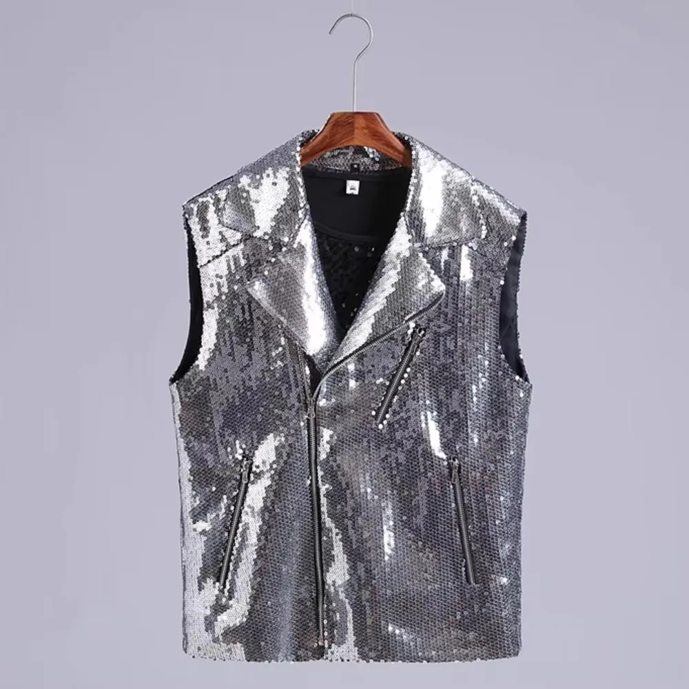 الرجال صدرية ضئيلة الفضة الترتر بار المغني المرحلة زي سستة طبل معطف الرقص الذكور سترة راقصة لامعة الأداء الملابس