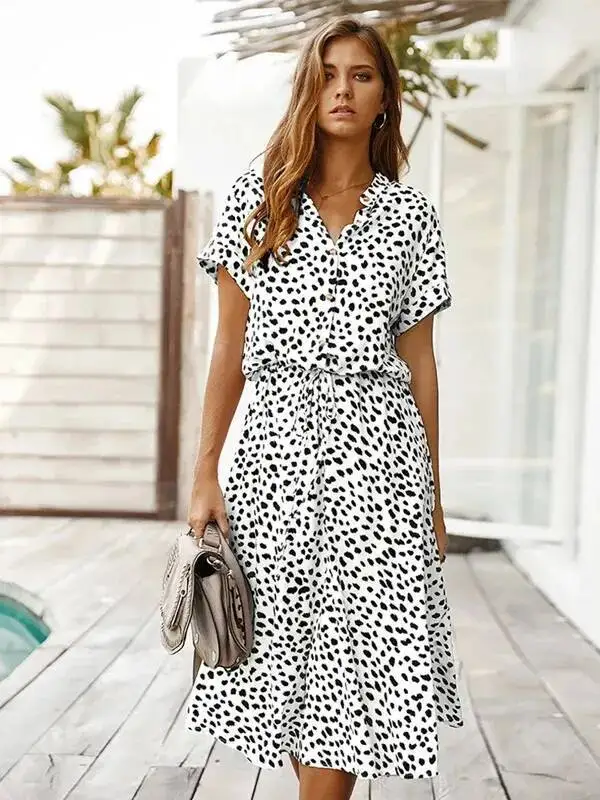 Vintage Floral Print Dress Women Boho Short Sleeve Long Dress Turn Down Collar Casual Waistband Shirt Dresses Robe Summer M5H1