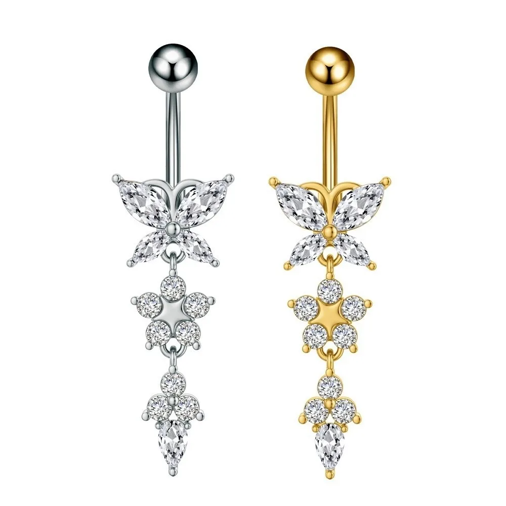 Unique Zircon Butterfly Belly Button Ring Elegant Long Chain Body Piercing Jewelry Stainless Steel Curved Barbell