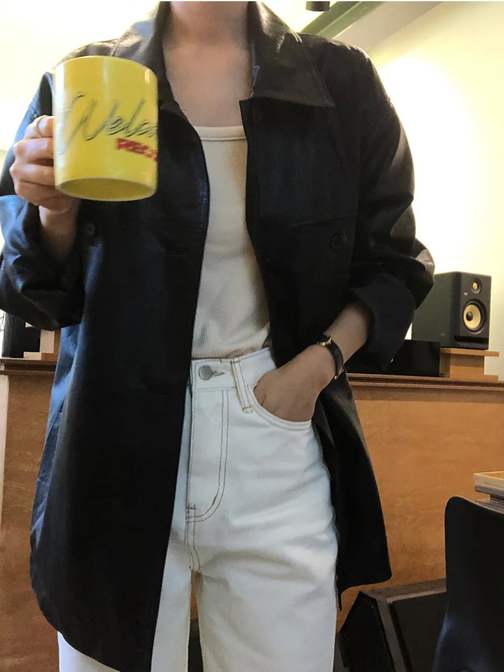 Chic Vintage Sle da donna in pelle PU allentata Jaet doppia fila bottoni colletto ribaltabile cappotto da motociclista lungo Sve autunno nuovo arrivo