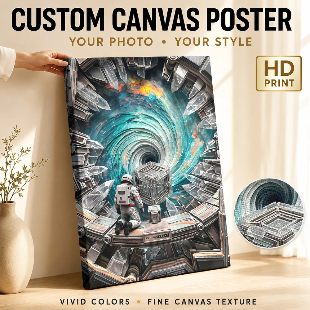 Interstellar Astronaut And Tesseract Portal Framed Canvas Poster Customized Photo Expressive Brushwork Wall Art For Media Room
