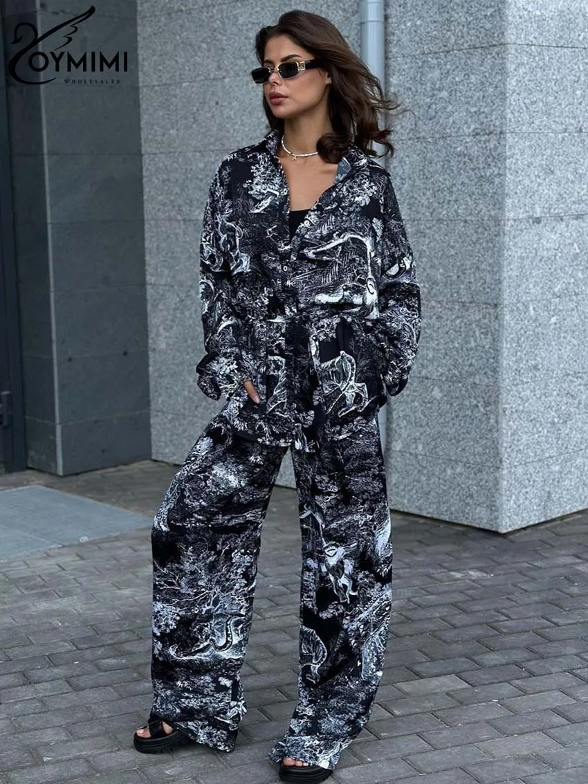 Oymimi Casual Black Print Two Piece Set For Women Elegant Lapel Long Sleeve Button Shirts And Straight Trousers Sets Streetwear