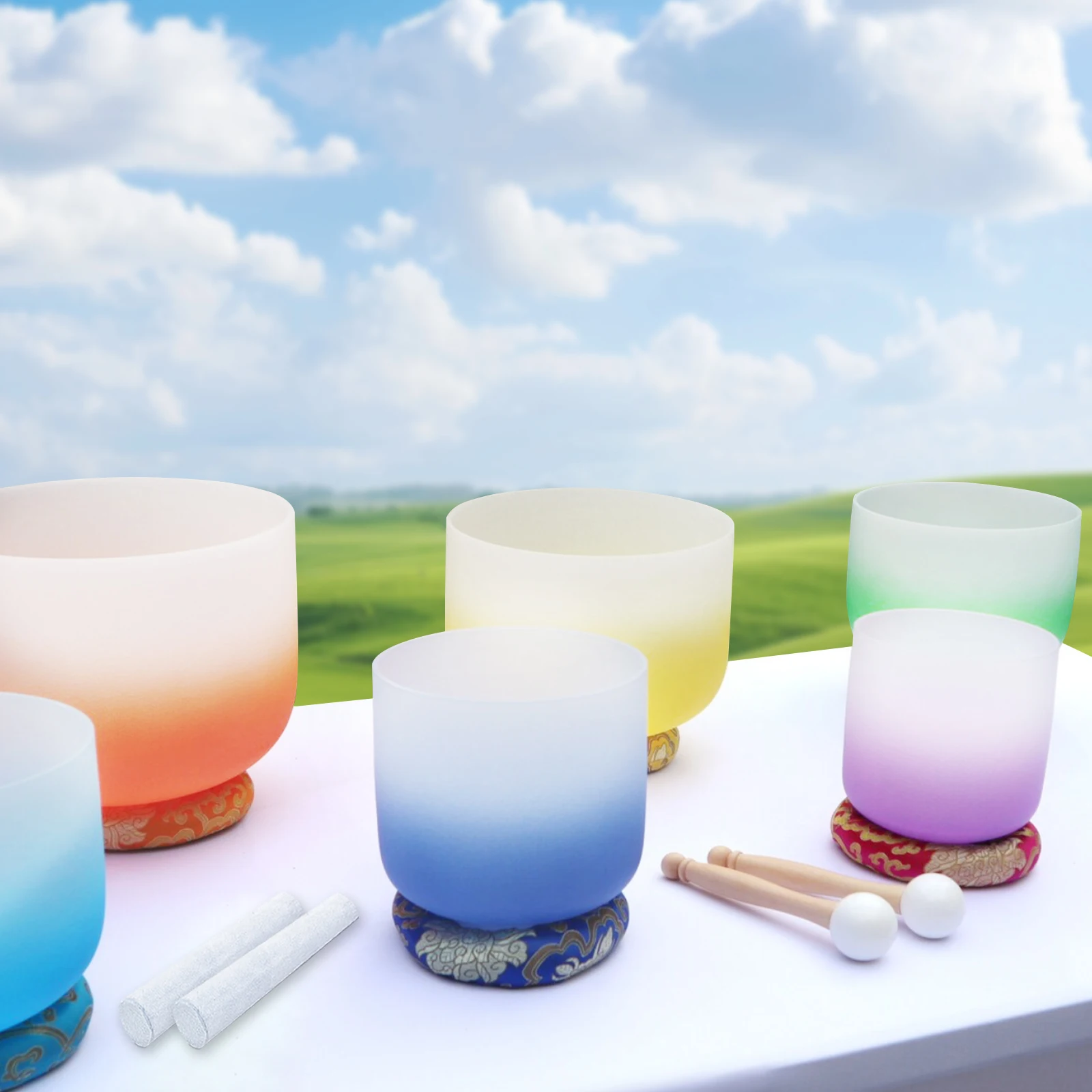 Hye-eun 6-12inch Color Gradient Quartz Sound Bowl of 7pcs Frosted Crystal Singing Bowl Set for Sound Helaing with Silk O-ring