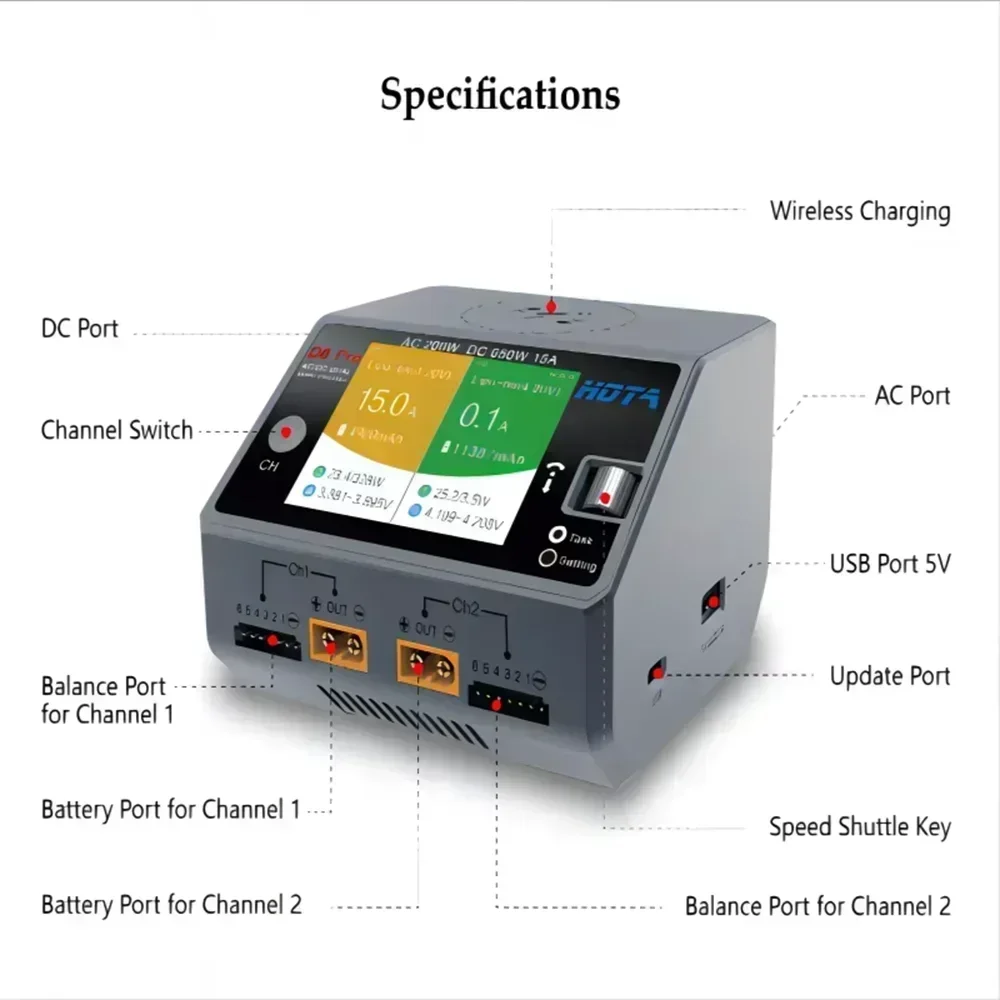 HOTA D6 Pro Charger - AC 200W DC 650W 15A, 2X325W 2X15A, Wireless Charging for 1-6S Lipo/LiHV/NiCd/NiMH & RC Models