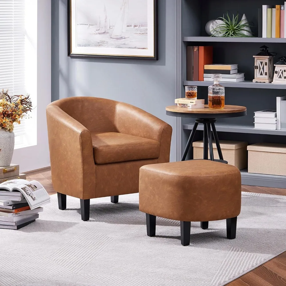 Accent Chair with Ottoman Footstool, PU Leather Modern Upholstered Soft Barrel Chair, Comfy Club Armchair and Footrest Set