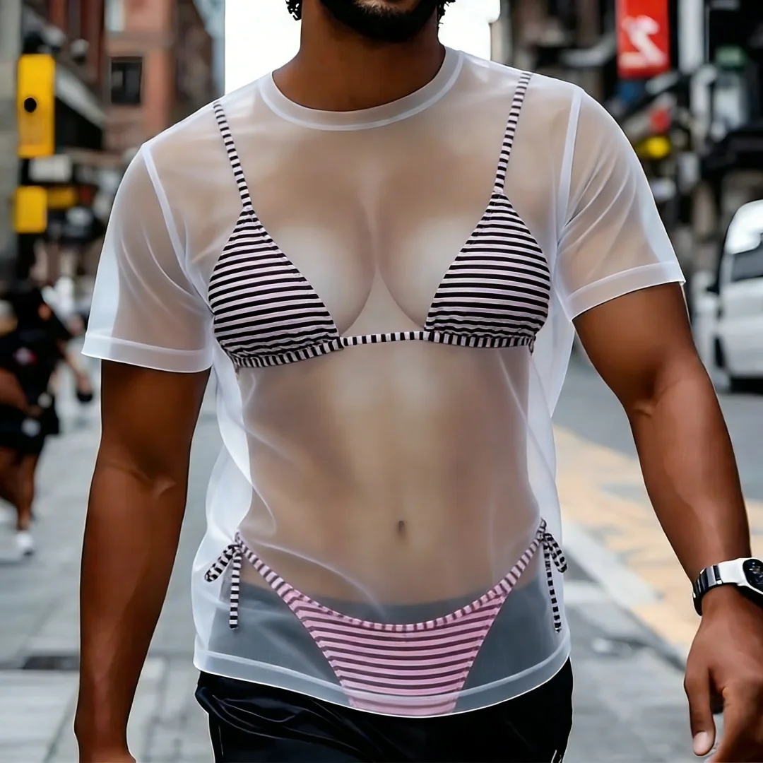 Sexy Pink Polka Dot Bikini Pattern 3D Print Clothes Graphic T Shirts Mesh T-Shirt Man Casual Fashion Streetwear Tops