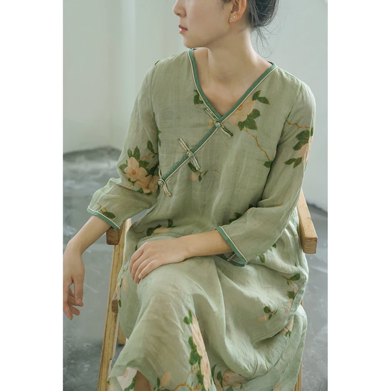 Vintage Robes Original Art Female Loose Qipao Chinese Improved Cheongsam Dress Women Printed V-neck Button Seven-point Sleeve