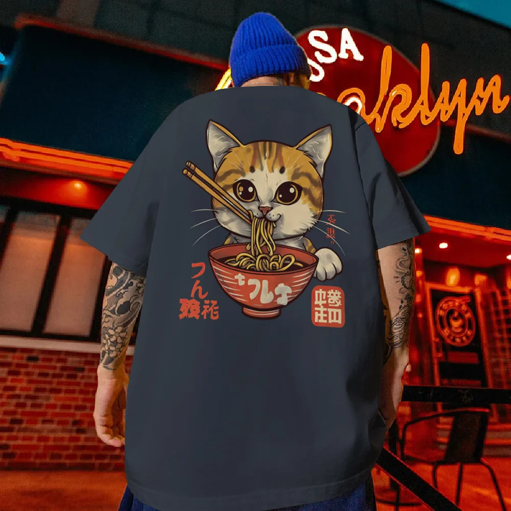 Men\'s T-shirt Sushi Lucky Cat Printed Male Clothing Fashion Casual Short Sleeved Loose Oversized Shirt Street Harajuku Tops Tees