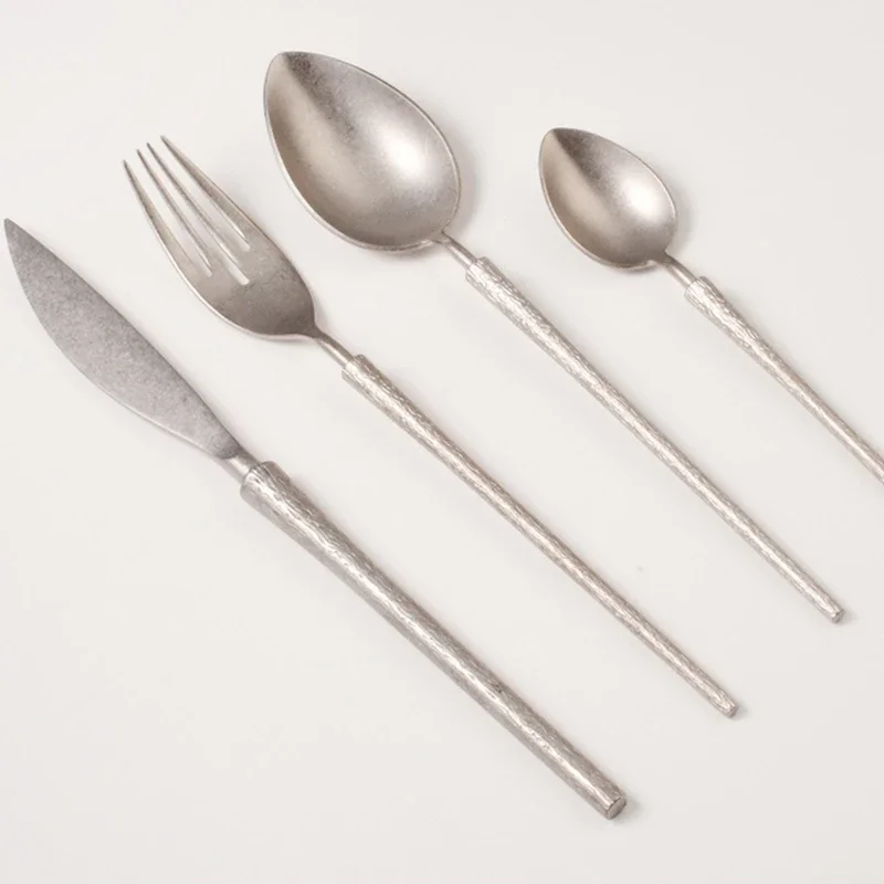 24Pcs Fashion Retro Matte Silver Cutlery Set 18/10 Stainless Steel Creativity Gift Vintage Flatware 304 Drop Shipping