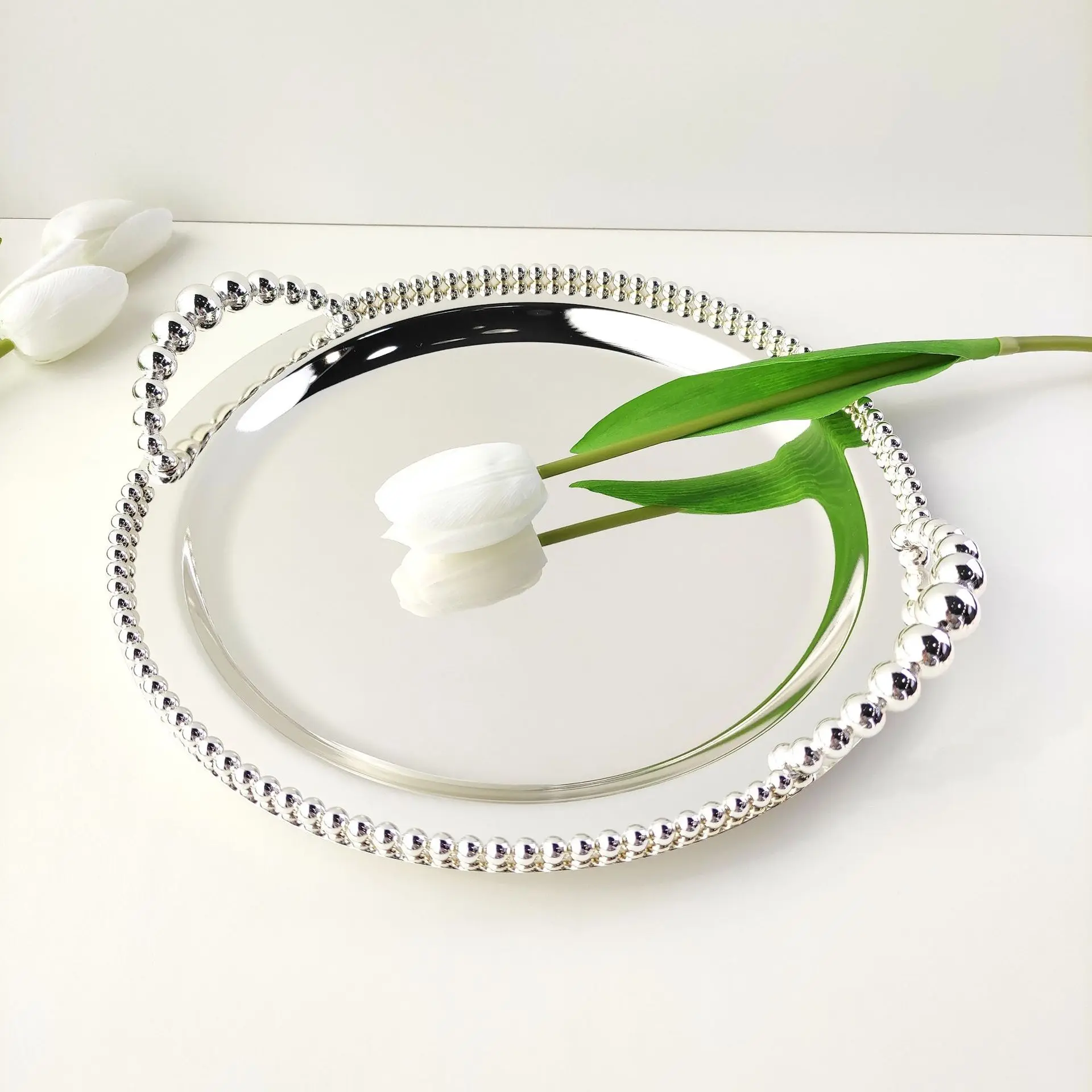 European Style Bead Dot Cake Plate Home Decoration Dessert Fruit Dinner Plate Metal Silver Plated Round Dessert Table Ornament 3