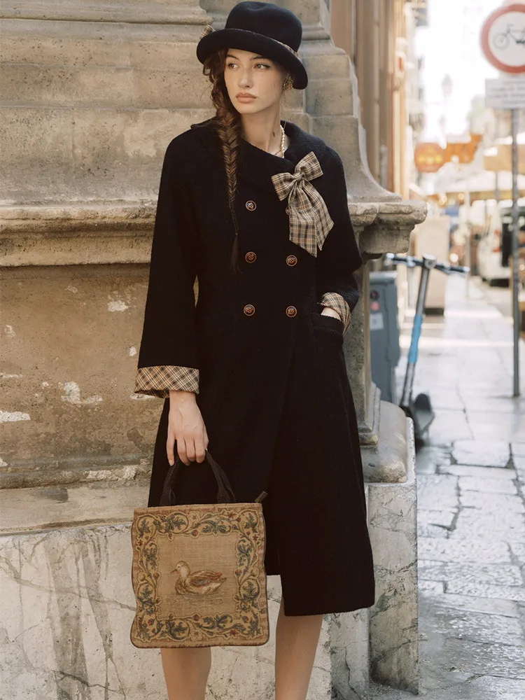 78-101cm Bust Autumn Winter Black Wool Coats Women French Vintage Elegant Large Bow Double-Breasted Commuting Long Woolen Jacket