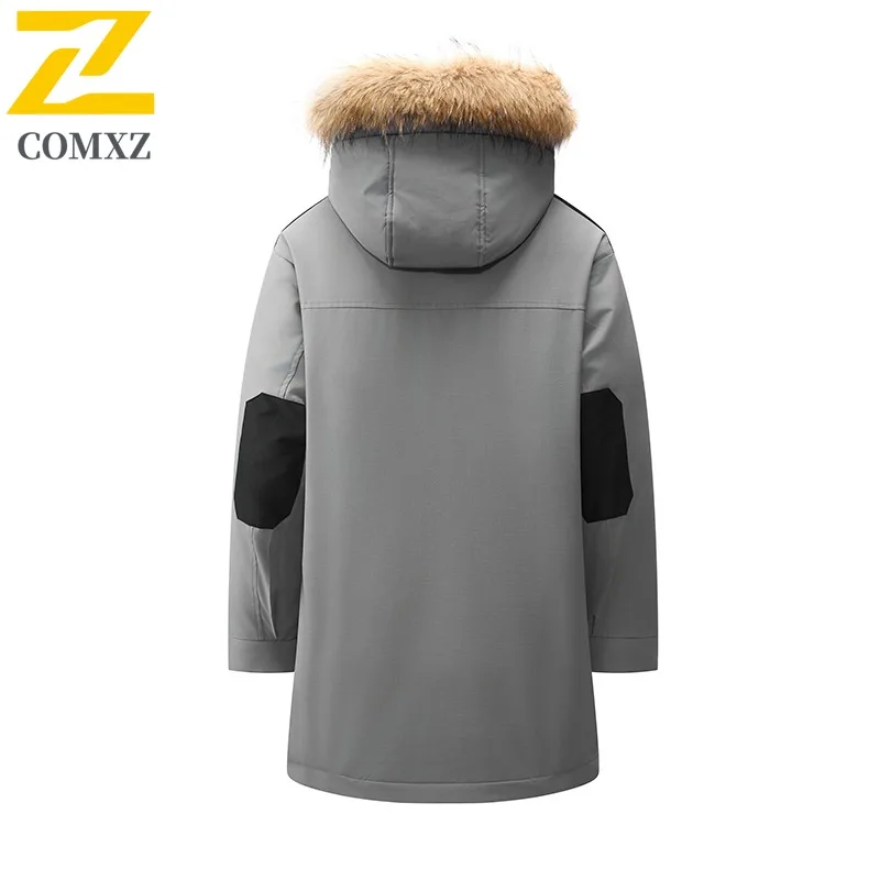 COMXZ Piumino da uomo Nuovo collo in pelliccia Cappuccio da neve Addensare Piumino caldo 90 per cento Piumino d'anatra bianco Giacca a vento autunnale antivento