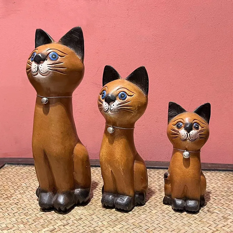Handmade wood carving cat tabletop ornament living room study cartoon decoration creative gift blessing to friends