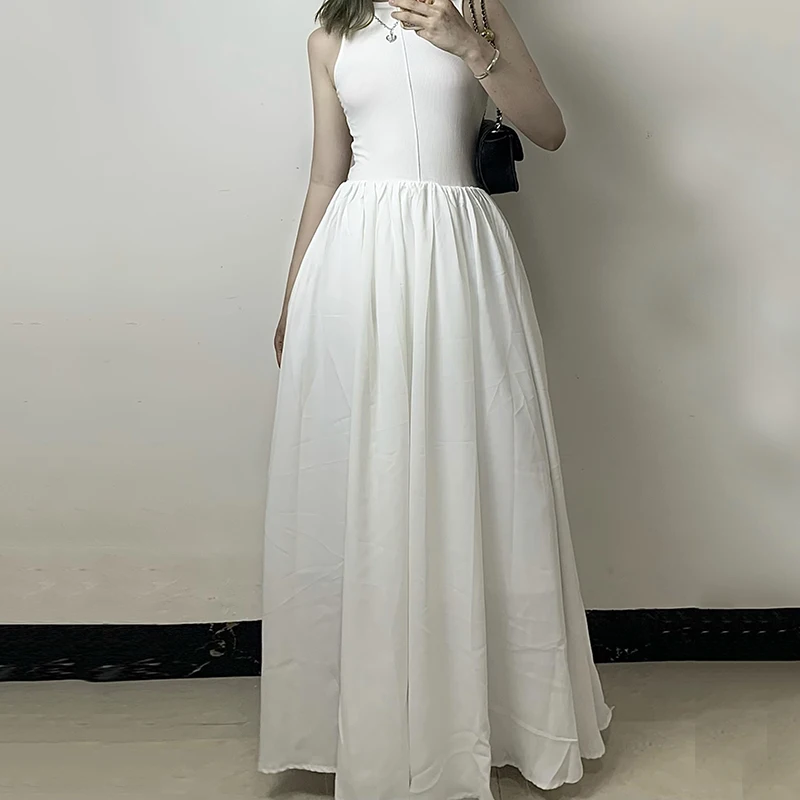 أنيق أبيض أسود فستان طويل المرأة الصيف بلا أكمام تي شيرت فستان أنيق فستان فيستدوس