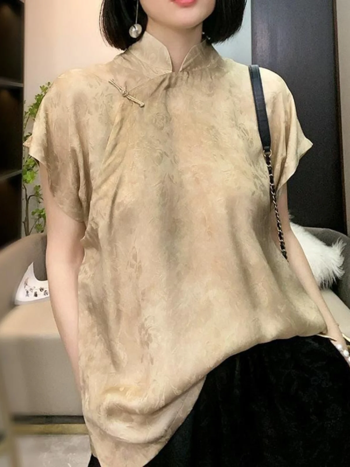 

Ele New Chinese Sle Reformed irt Women's Summer aceful National Sle Oblique Collar Button up Stand Coll...