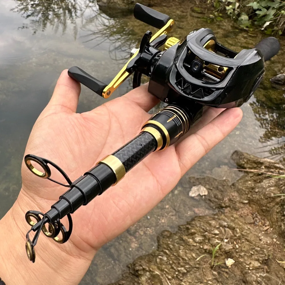 Combo de pesca telescópico – Caña de fibra de carbono + carrete baitcasting