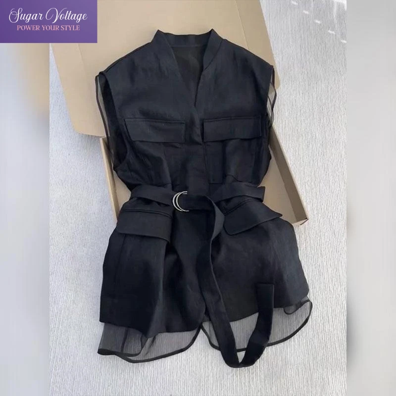 

Korean Summer 2025 Black Sleeveless Vest Tops for Women V Neck Slim Waist Mesh Patchwork Shirt Elegant Office Casual Waistcoat