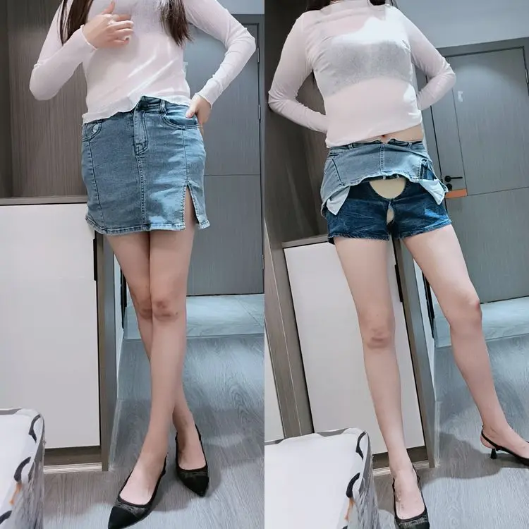 

Outdoor Convenient Short Skirt Women's Invisible Double-Headed Zipper Open Crotch Denim Culotte Women's Tight Double-Layer Skirt