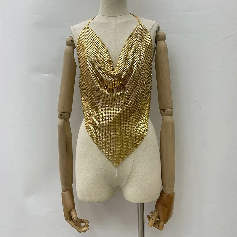 New Backless Sparkling Diamond Suspender Deep V Nightclub Performance Exposed Navel Metal Aluminum Short Sequin Top