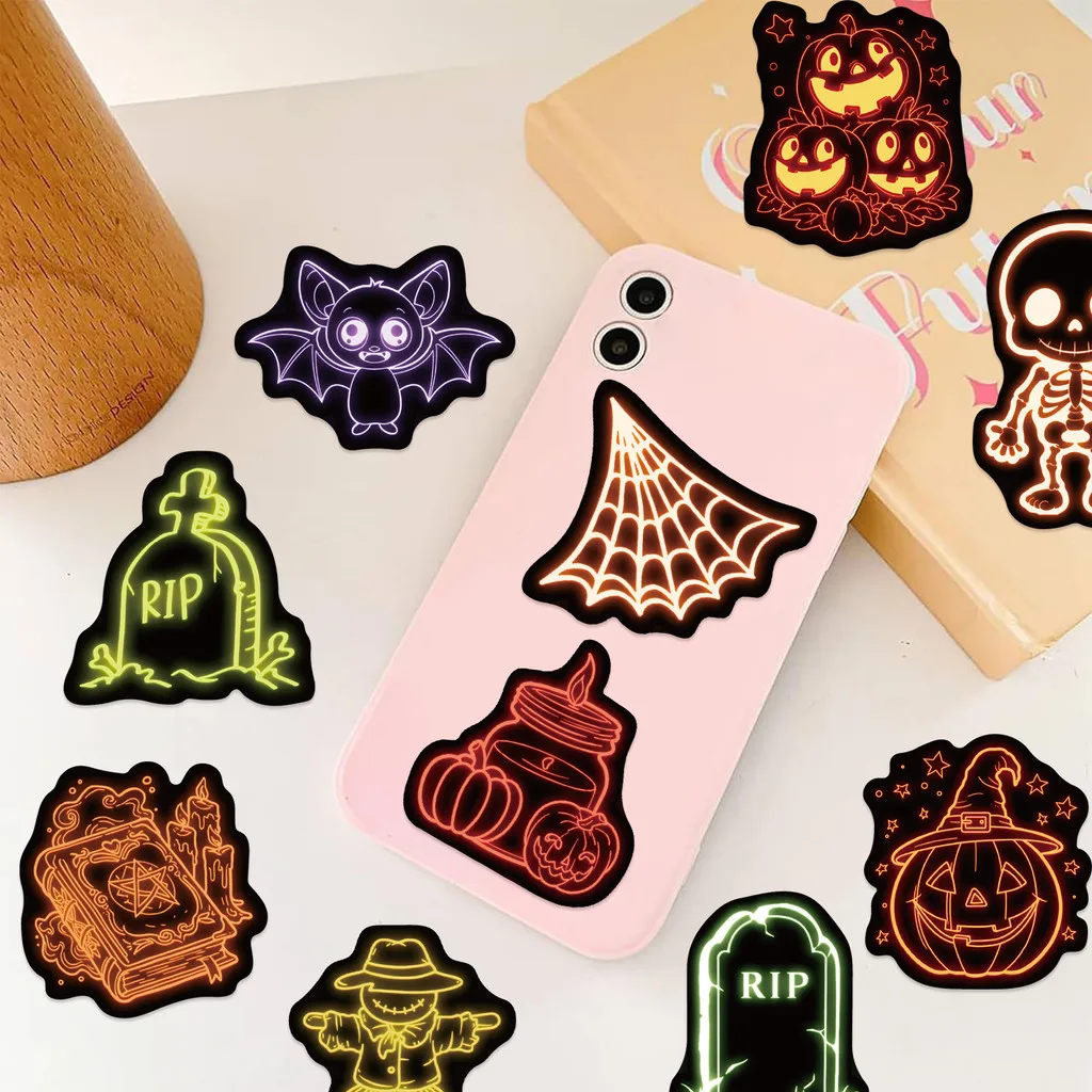 50-Piece Neon Halloween Stickers - Vibrant Decor for Hand Accounts, Luggage & Phone Cases