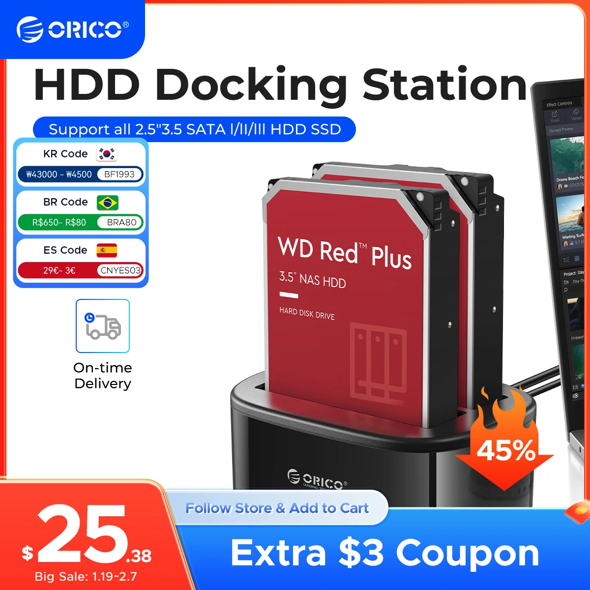 ORICO Dual-bay Hard Drive Docking Station for 2.5/3.5 Inch HDD SSD SATA to USB 3.0 HDD Docking Station with 12V3A Power Adapter