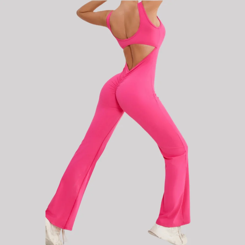 

Seamless Yoga Jumpsuit - Cutout Back & Booty Lifting Slim Fit Flared Leg One-Piece Gym Workout Wear for Women
