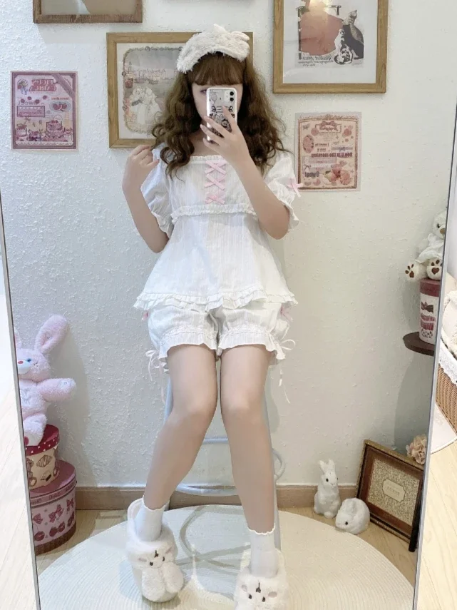 Lolita Cotton Pajamas Shorts Sweet Pink Bow Ruffle Puff Short Sleeves Loungewear Bud Shorts Daily Comfortable Home Clothing