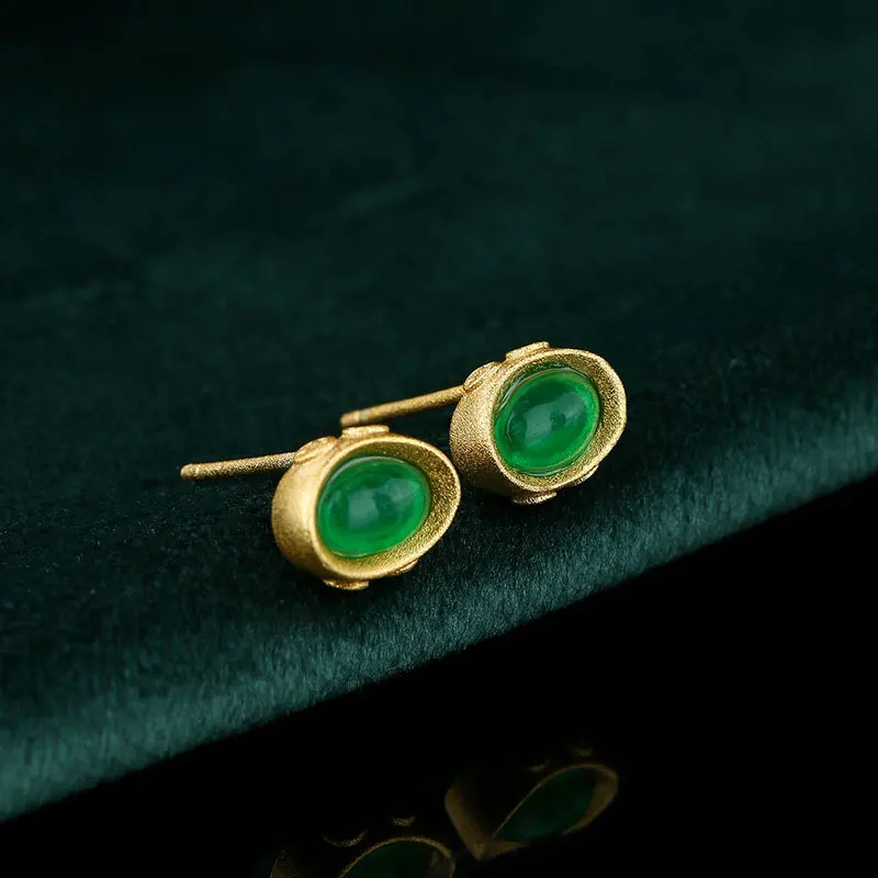 Copper-Plated Gold Ingot Natural Chalcedony Earrings Retro Chinese Royal Court Style Classical All-Match Earrings for Women