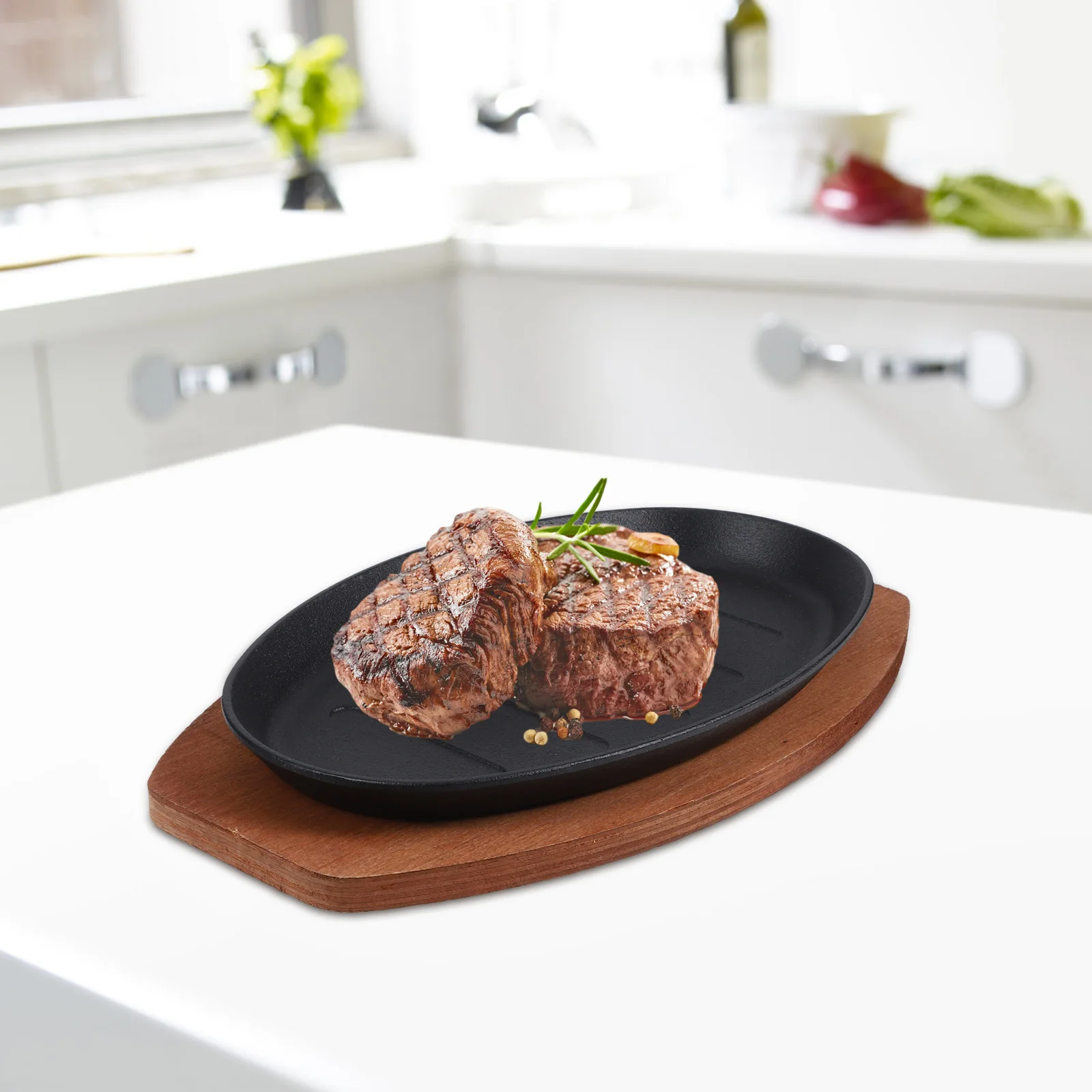 

1Set Cast Iron Steak Plate Wooden Tray Nonstick Grill Pan for Home Outdoor Cooking Serving Steak Plate