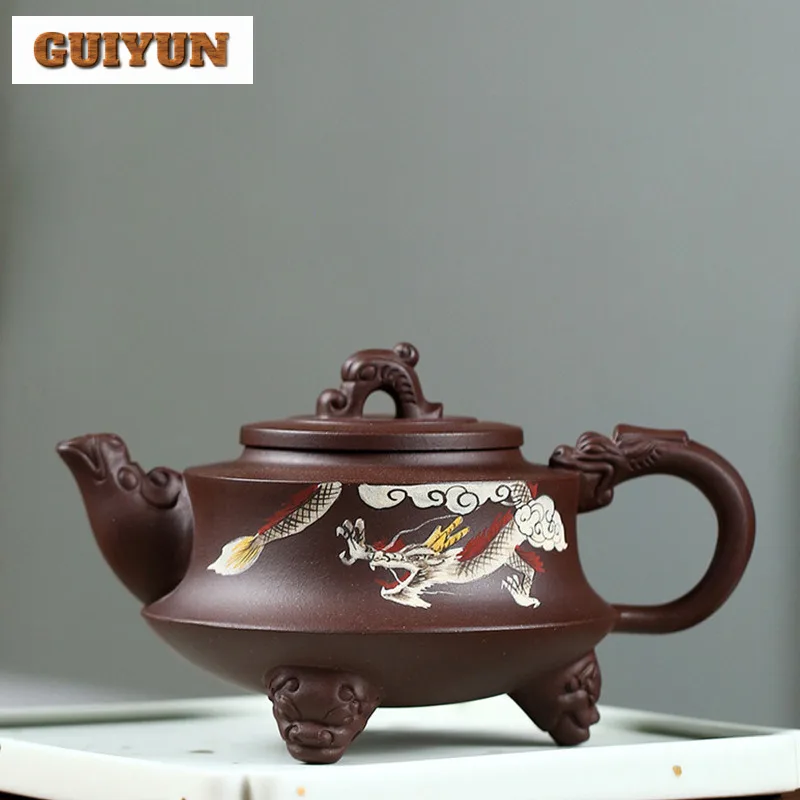 270ml Yixing Purple Clay Teapot Handmade Tripodia Dragon Tripod Pot Raw Ore Purple Mud Kettle With Infuser Zisha Teaset Tea Gift