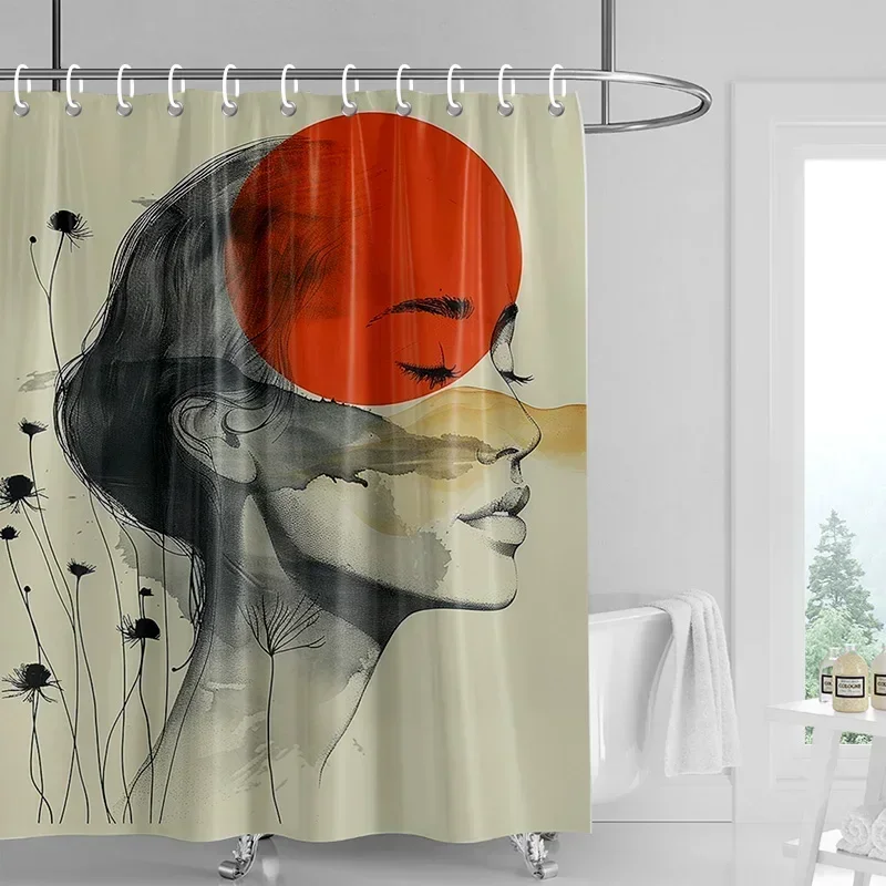 Nordic Simple Style Morandi Shower Curtain Abstract Herb Character Desen Bathroom Küveti Double Uselı Shower Curtain