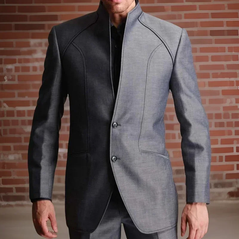 Tunic Suits For Men With Stand Collar 2 Pieces Formal Fashion Wedding Groom Tuxedo Business Style Set Jacket With Pants