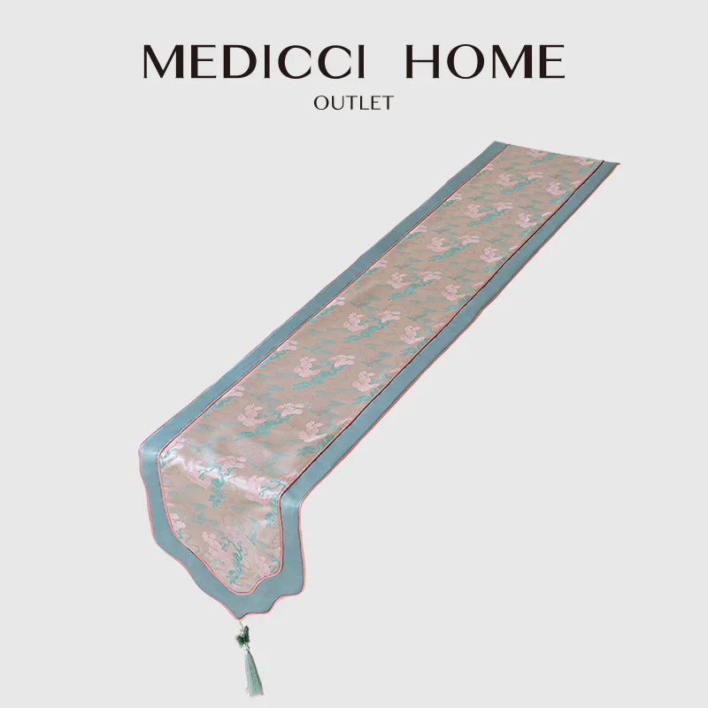 Medicci Home Chinoiserie Retro Style Table Runner Crane Bird Flowers Jacquard Dresser Scarf Dining Room Tabletop Decor Pink Blue