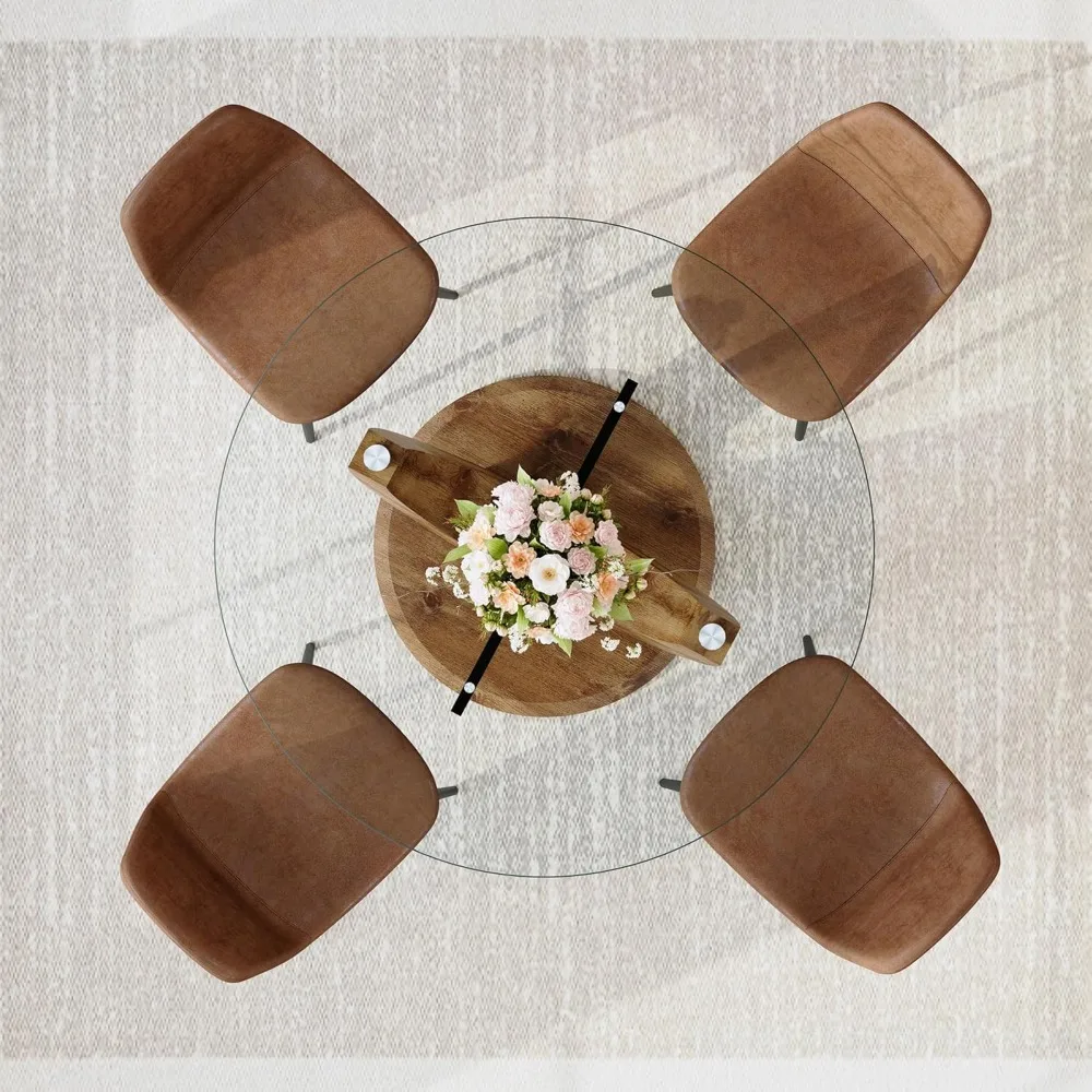 طقم طاولة طعام زجاجية مستديرة مقاس 48 بوصة مع 4 كراسي بنية وقاعدة خشبية للمطبخ