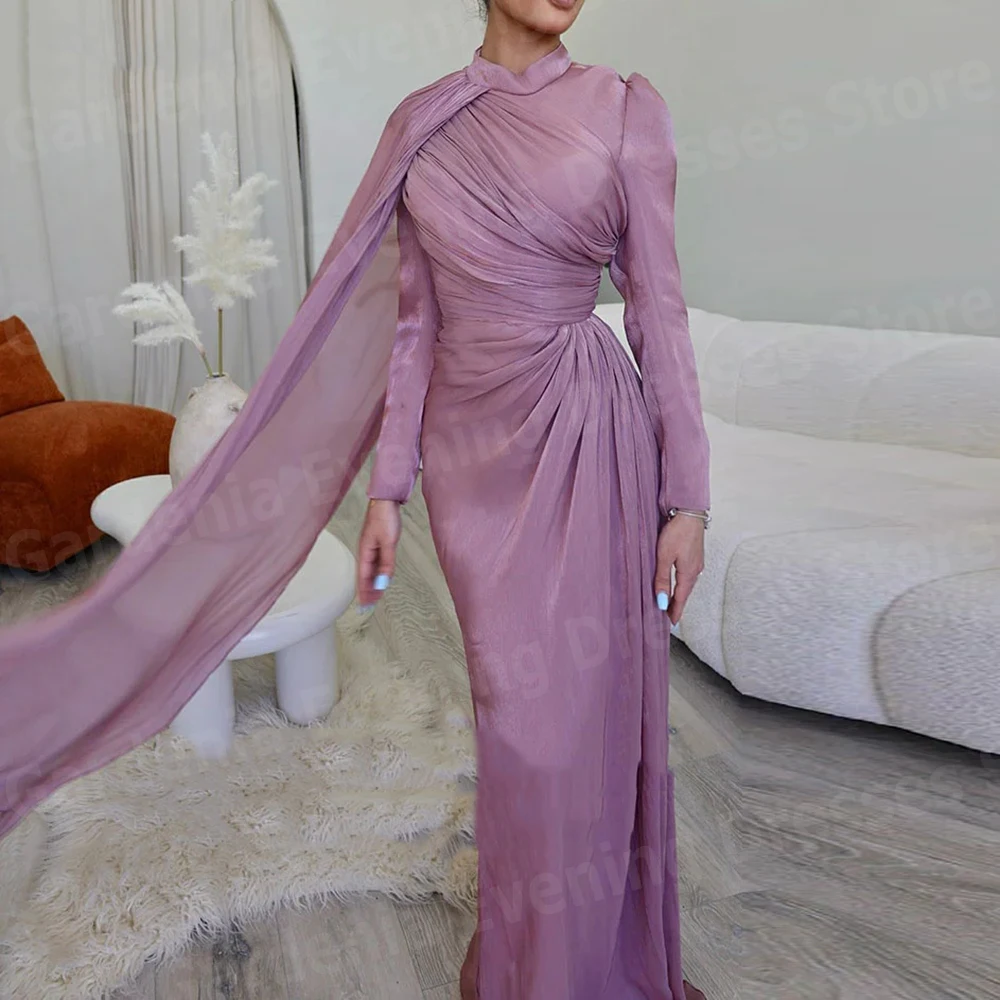 

Fascinating Mermaid Women's Evening Dresses Long Sleeved Prom Gowns Customized Pleated High Neck Vestidos Para Mujer Elegantes