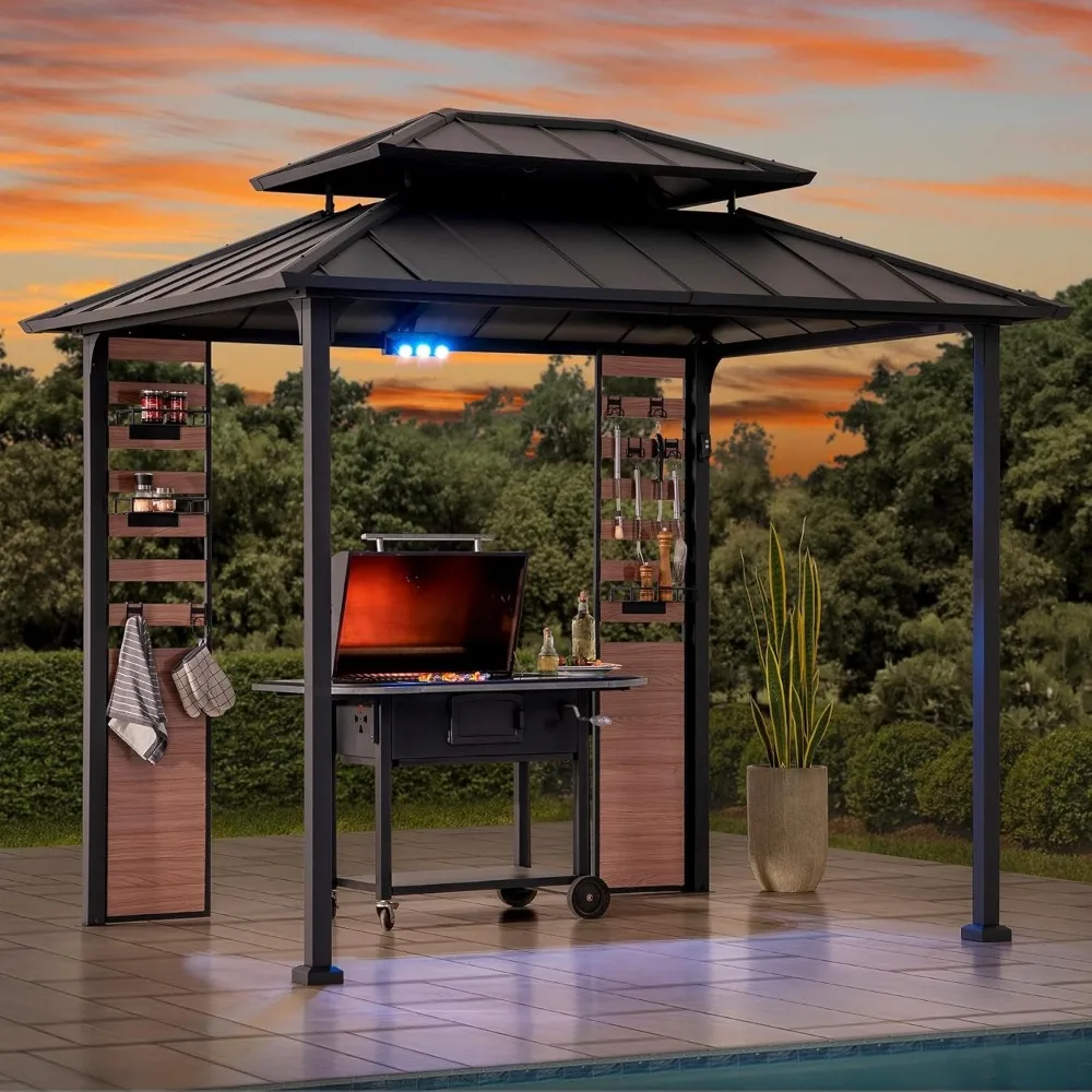 

7 x 9 ft. Grill Gazebo, 2-Tier Hardtop Gazebo Pergola with Ceiling Hooks and Storage Shelves, Matte Black