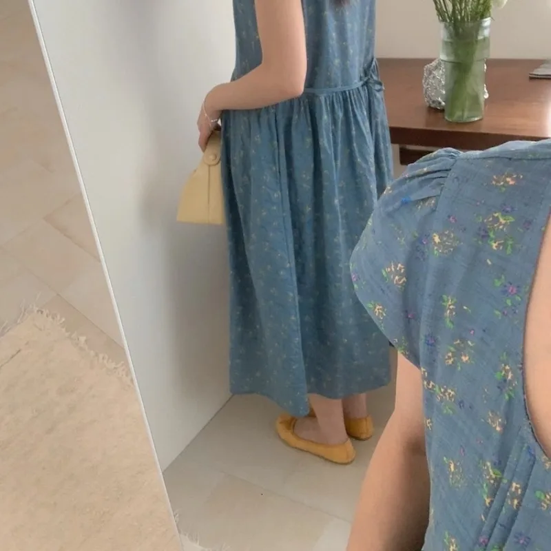 Sukienka koszulowa damska w stylu vintage z długim kwiatowym wzorem, wykonana w 100% z czystej bawełny, letnia sukienka midi z kwadratowym dekoltem i szarfą, odzież damska 2025