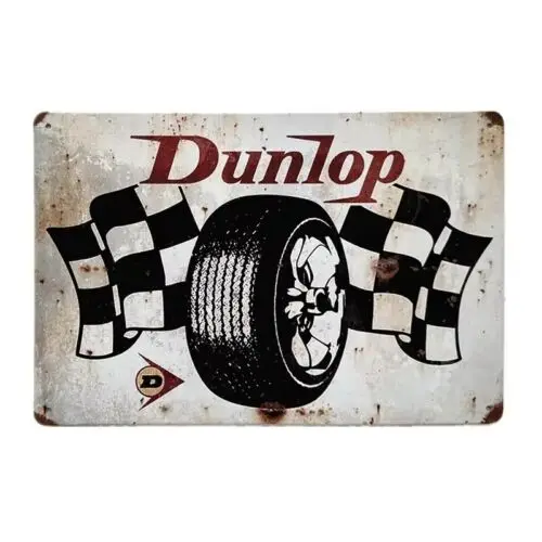 Racing Car Tire Metal Sign Checkered Flag Garage Decor Man Cave Art