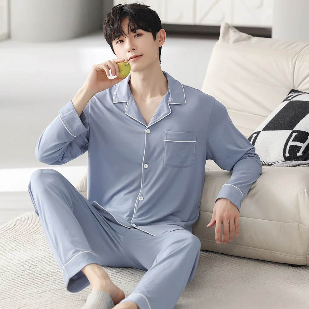 Autumn Pajamas Sets Men Long Sleeve Modal Cotton Thin Teenage Boys' Large Size Spring Outwear Home Cloth Suit Sleepwear Male