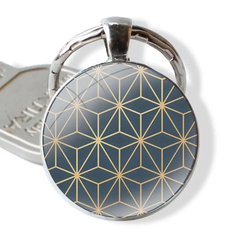 Navy Blue Gold Midnight Geometry Abstract Pattern Keychain Handmade Glass Cabochon Key Ring Holder Pendant Key Chains