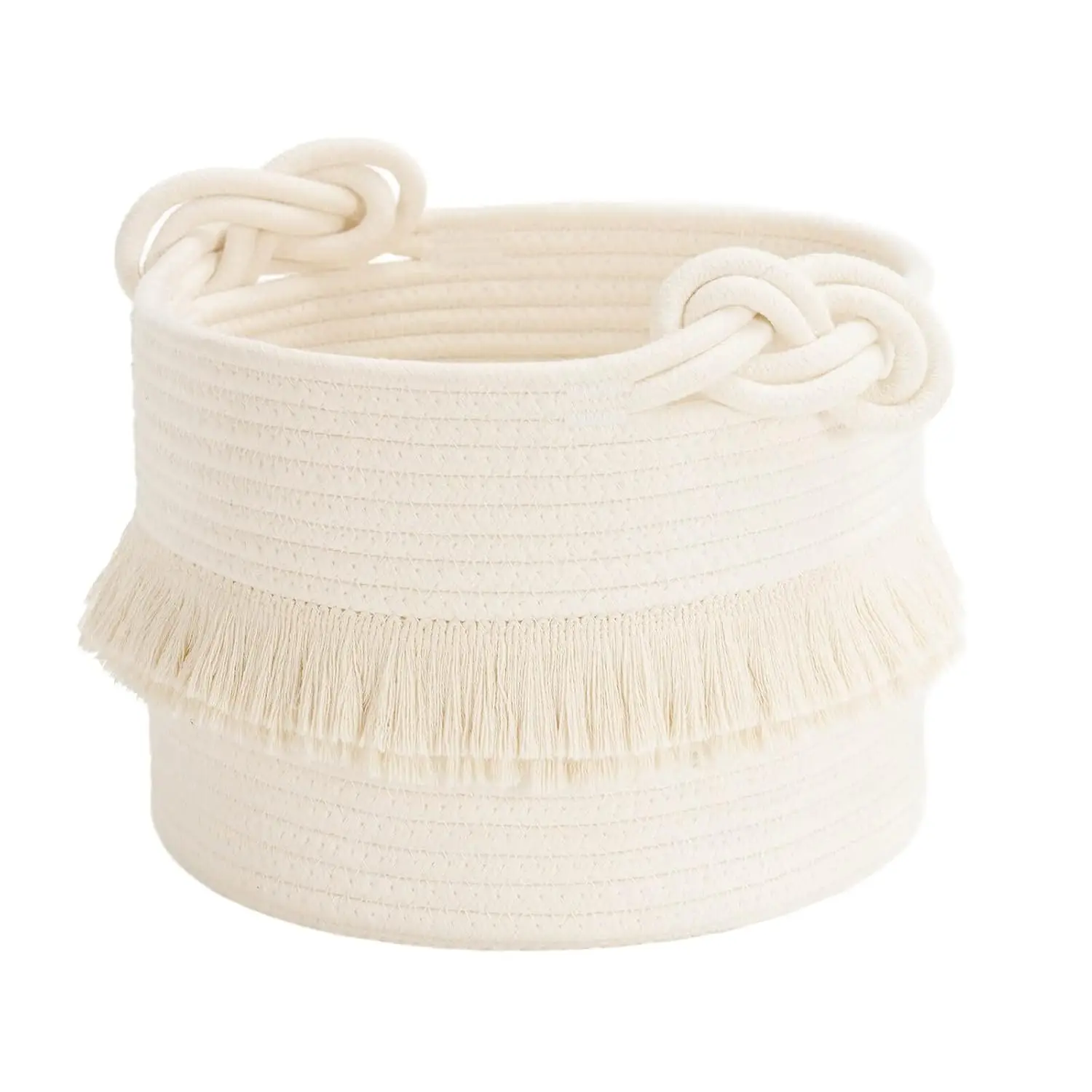 

CherryNow Small Woven Storage Baskets, 9.5'' x 7'' inches Cotton Rope Decorative Hamper for Diaper, Blankets, Magazine and Keys, Cute Tassel Nursery Decor - Home Storage Container, Off-white