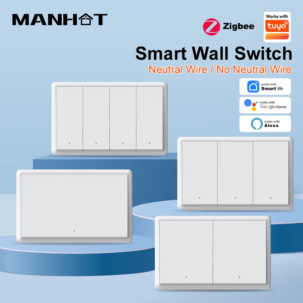 MANHOT ZigBee3.0 Smart Switch No Neutral Wire Intelligent US Wall Button Light Switch APP Voice Control With Tuya Alexa