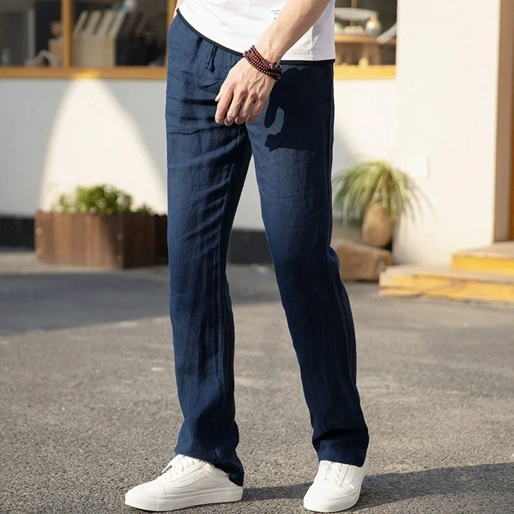Men's Cotton Linen Pants Straight Leg Elastic Waist Lightweight Breathable Casual Simple Style Male Basic Long Pants