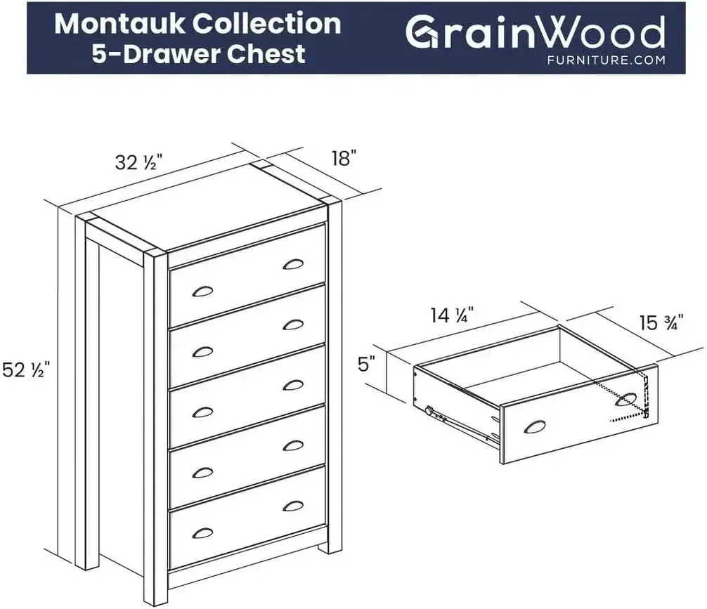 Solid Wood Rustic Walnut Finish Five Drawer Dresser