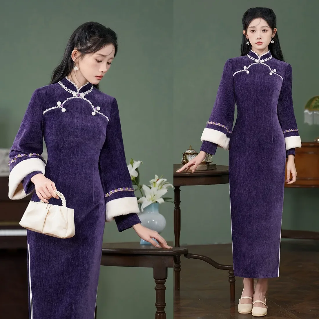 

Элегантное новое осеннее велюровое платье Cheongsam с длинной вилкой 2024, китайское классическое женское платье Ципао с длинным рукавом, сексуальное свадебное вечернее платье 4XL