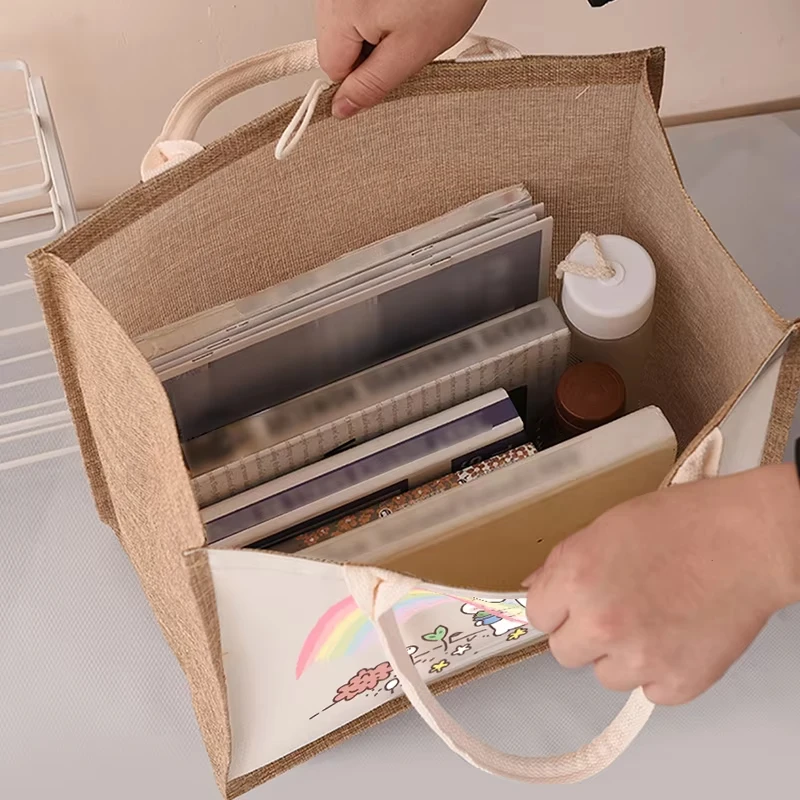 

2026 Милая сумка-тоут с радужным кроликом, холщовая сумка, большая вместительная сумка для обеда, сумка для покупок, портативная повседневная дорожная сумка с принтом