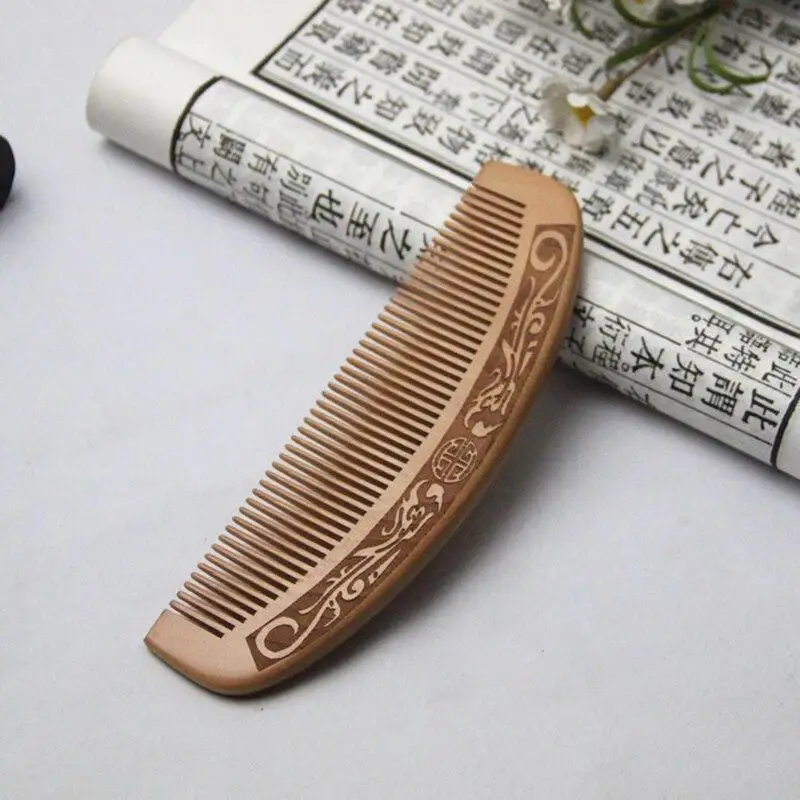 Natural Carved Peach Wood Comb Thickened Wood Comb Curly Massage Hair Comb Anti-static Sandalwood Hairdressing Hair Styling Tool